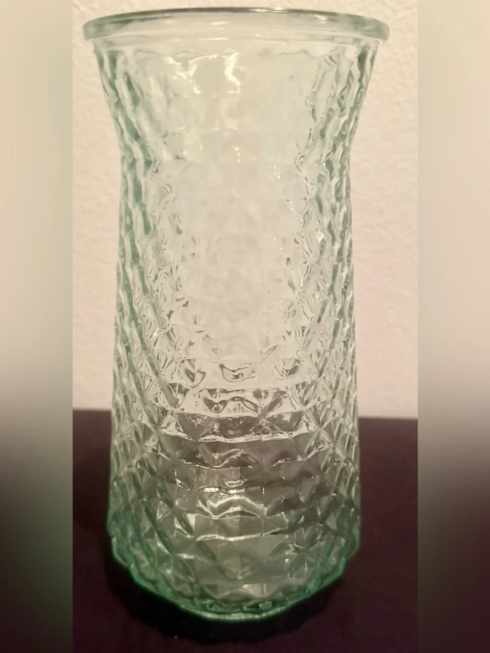 Paula DPS Diamond Pattern glass vase. 9” slight green tint.